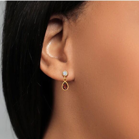 14K Yellow Gold with 0.98 Cttw Garnet and White Diamond Post Back Drop Earrings - Picture 3 of 4